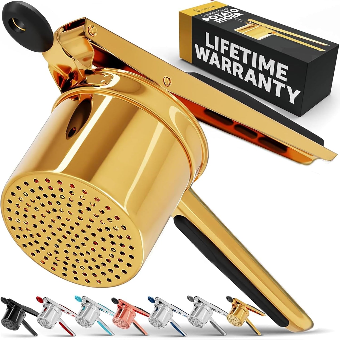 PriorityChef 15oz Potato Ricer - Heavy Duty Stainless Steel Masher for Perfect Mashed Potatoes | Gold & Black