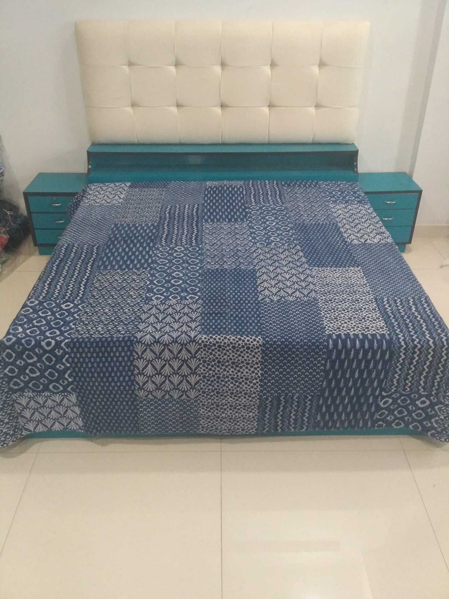 Trade Star Reversible Kantha Quilt Ethnic Cotton Queen Size Ajarak Bedspread Throw for Home Decor (Pattern 11)