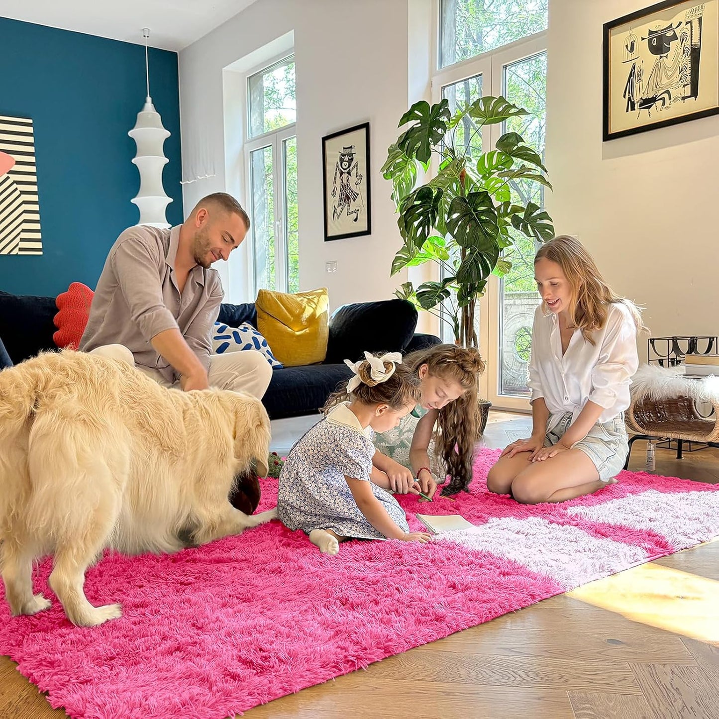 OLANLY Large 5x7 Machine Washable Area Rug - Soft Fluffy Shaggy Carpet for Kids & Home Decor | Hot Pink
