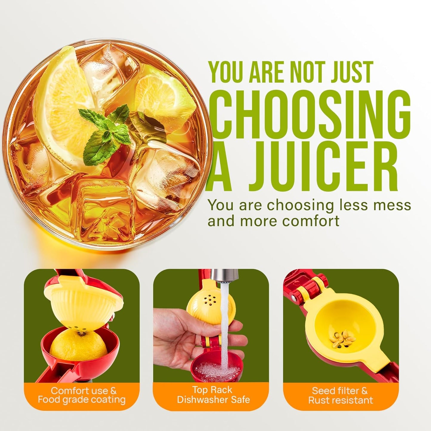 Zulay Kitchen 2-in-1 Lemon Squeezer - Sturdy Hand Juicer for Maximum Juice Extraction - Easy to Clean - Red/Yellow