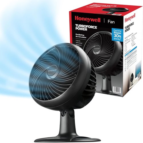 Honeywell Turbo Force Oscillating Table Fan - 3 Speed Air Circulator for Bedroom, Black, HT-906