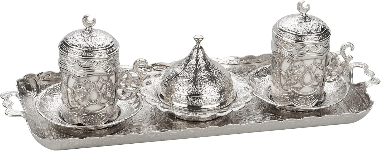 Alisveristime Ottoman Turkish Greek Arabic Espresso Coffee Cups with Saucer and Lid (Set of 2) (Hilal) (Silver)
