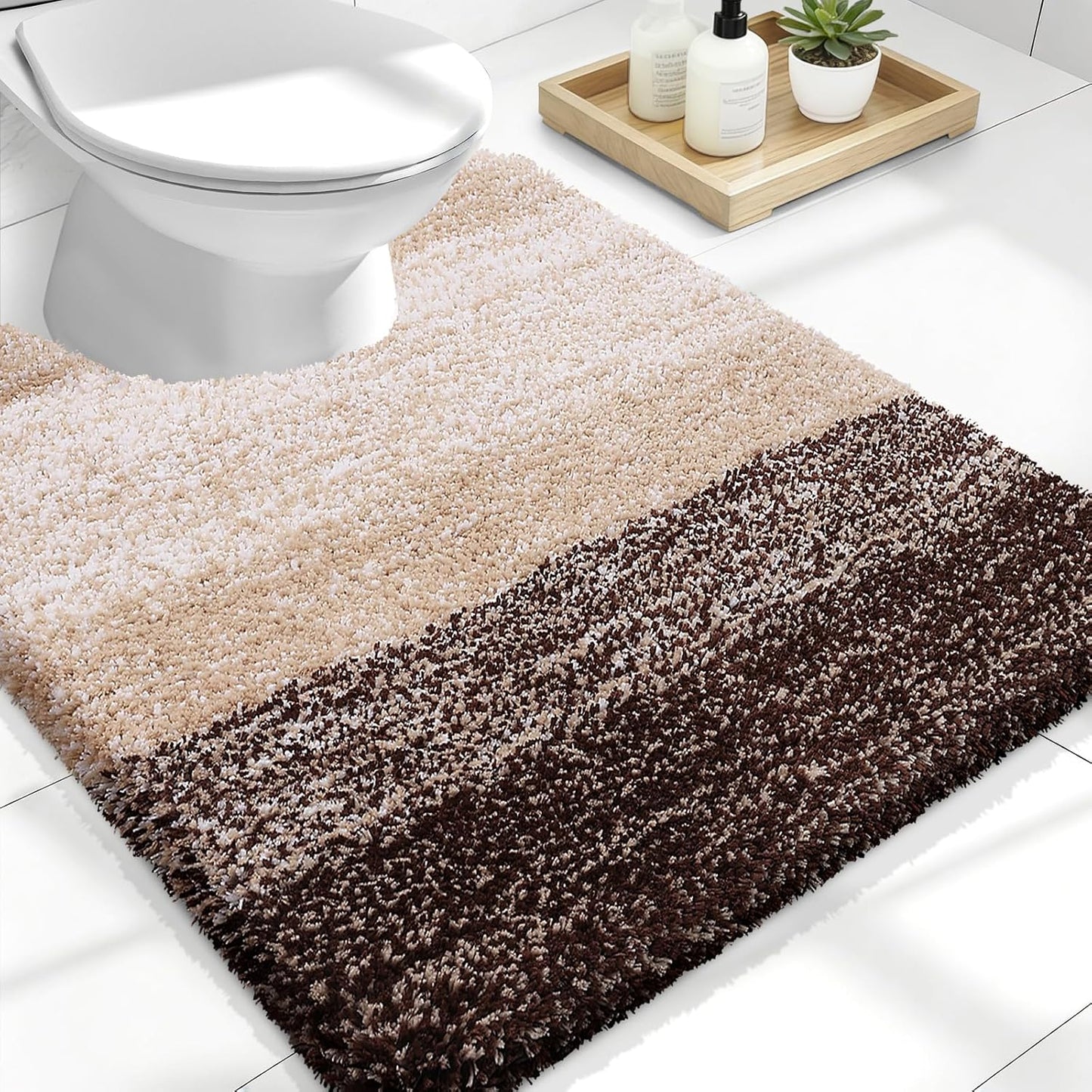 OLANLY Luxury Toilet Rugs - Extra Soft Microfiber U-Shaped Bath Mat 24x20 | Non-Slip & Machine Washable, Brown