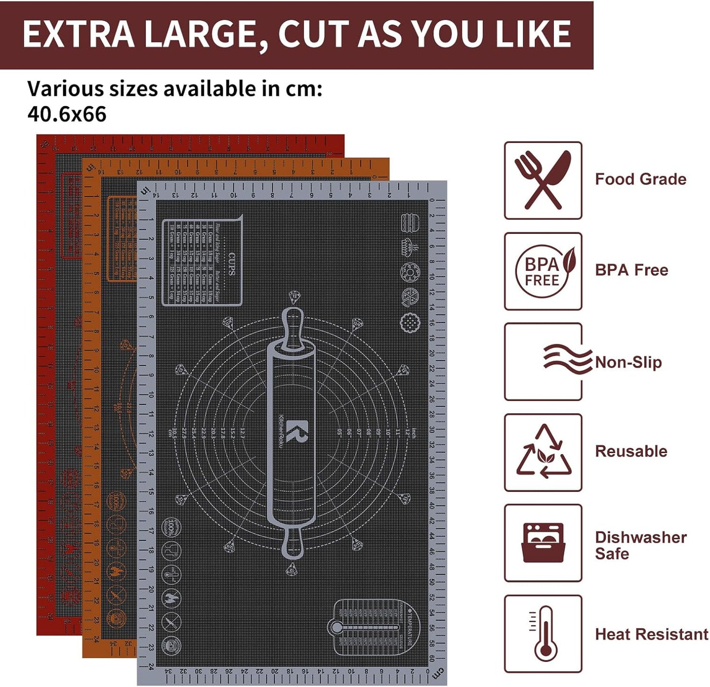 Silicone Pastry Mat - Extra Large Non-Slip Baking Mat with Measurements | 26'' x 16'' Translucent Grey