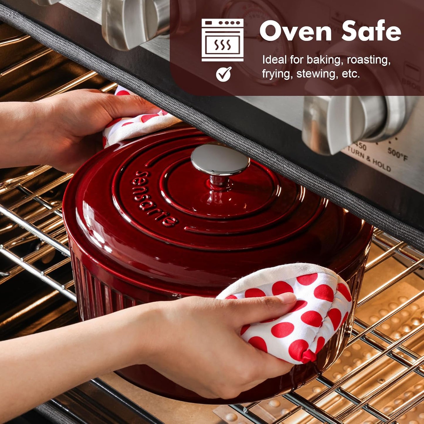 SENSARTE Enameled Cast Iron Dutch Oven - 3.5 Quart Heavy-Duty Pot with Lid & Accessories | Red