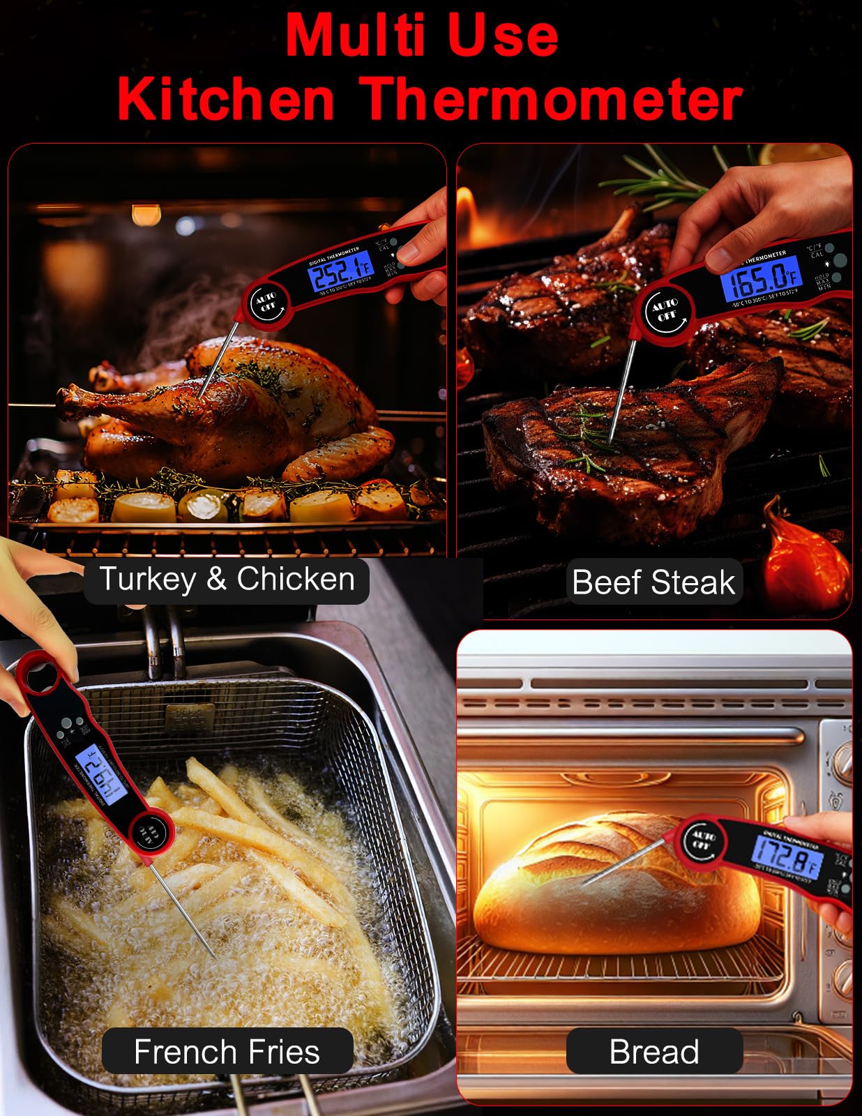 Olwaiy Meat Thermometer Digital, Instant Read Food Thermometer for Cooking Grill BBQ Fryer, Waterproof & Backlit Display Digital Meat Thermometer - Kitchen Gadgets, Turkey Thermometer
