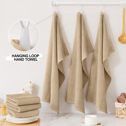 Homaxy Premium Kitchen Towels (18"x 28", 8 Pack), Large 100% Cotton Kitchen Hand Towels, Ultra Absorbent Ribbed Terry Tea Towels Set with Hanging Loop, Khaki