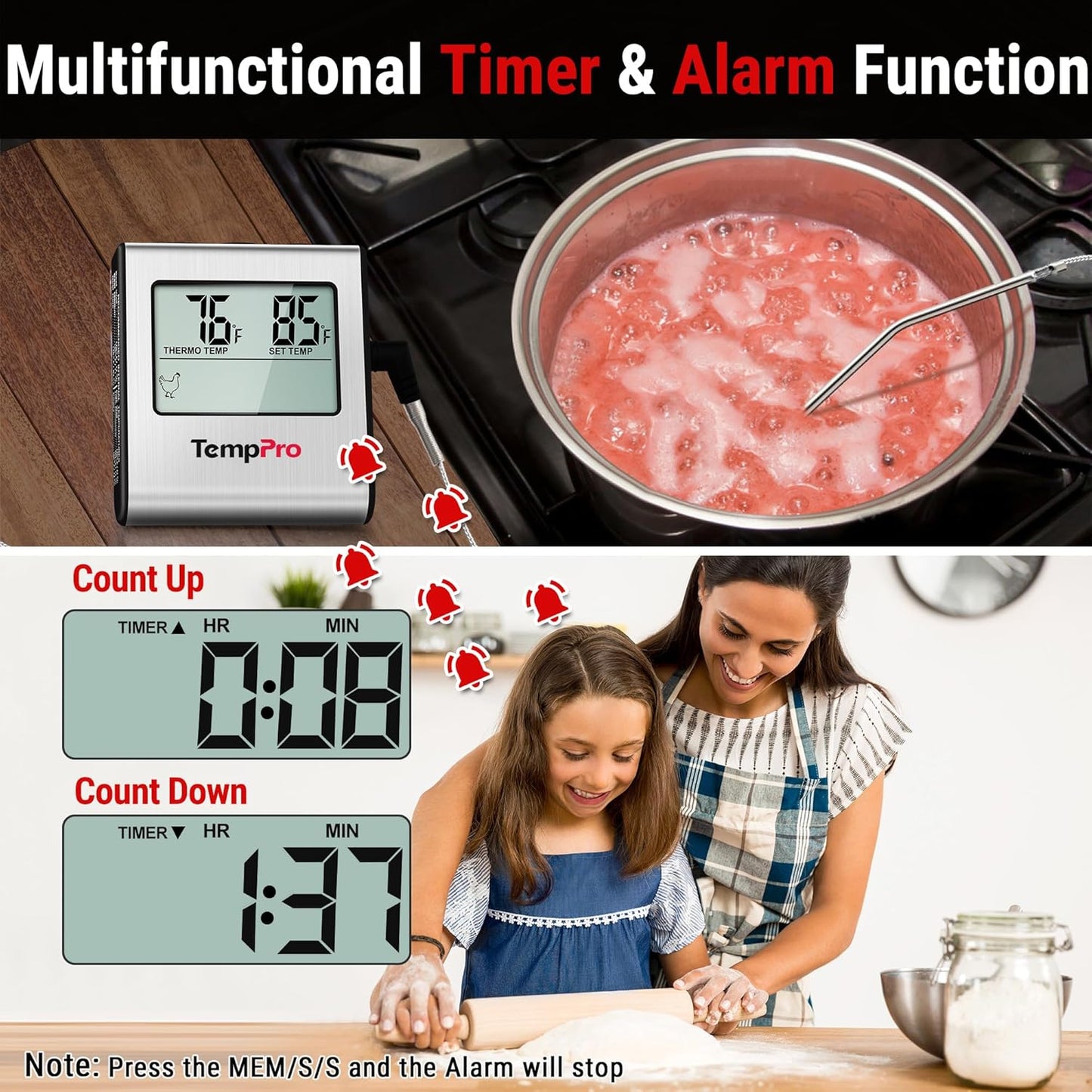TempPro TP16 Large LCD Digital Cooking Thermometer - Stainless Steel Probe for BBQ & Oven Use
