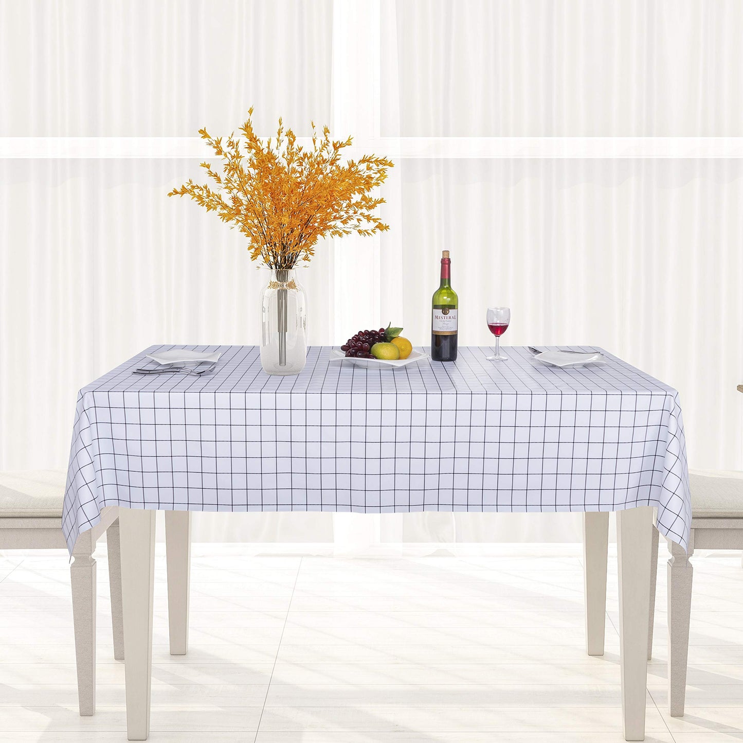 sancua Checkered Vinyl Rectangle Tablecloth - 54 x 78 Inch - 100% Waterproof Oil Proof Spill Proof PVC Table Cloth, Wipe Clean Table Cover for Dining Tables, Buffet Parties, White Checkered