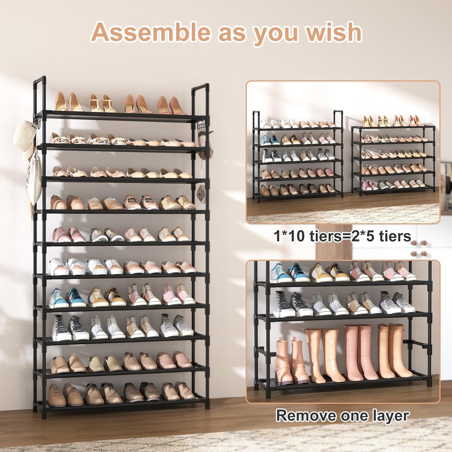 VTRIN 10-Tier Shoe Rack - Tall Large Capacity Organizer with Hooks | Sturdy Metal Shelf for Entryway & Closet