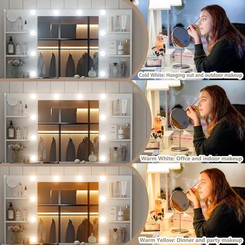 FUSOU Vanity Desk with Power Outlet, 11 Drawers Makeup Vanity with Lighted Mirror, 3 Colors Adjustable, Glass Top Vanity with Chair, 4 Shelves and Fold-up Panel, Dressing Table for Bedroom, White