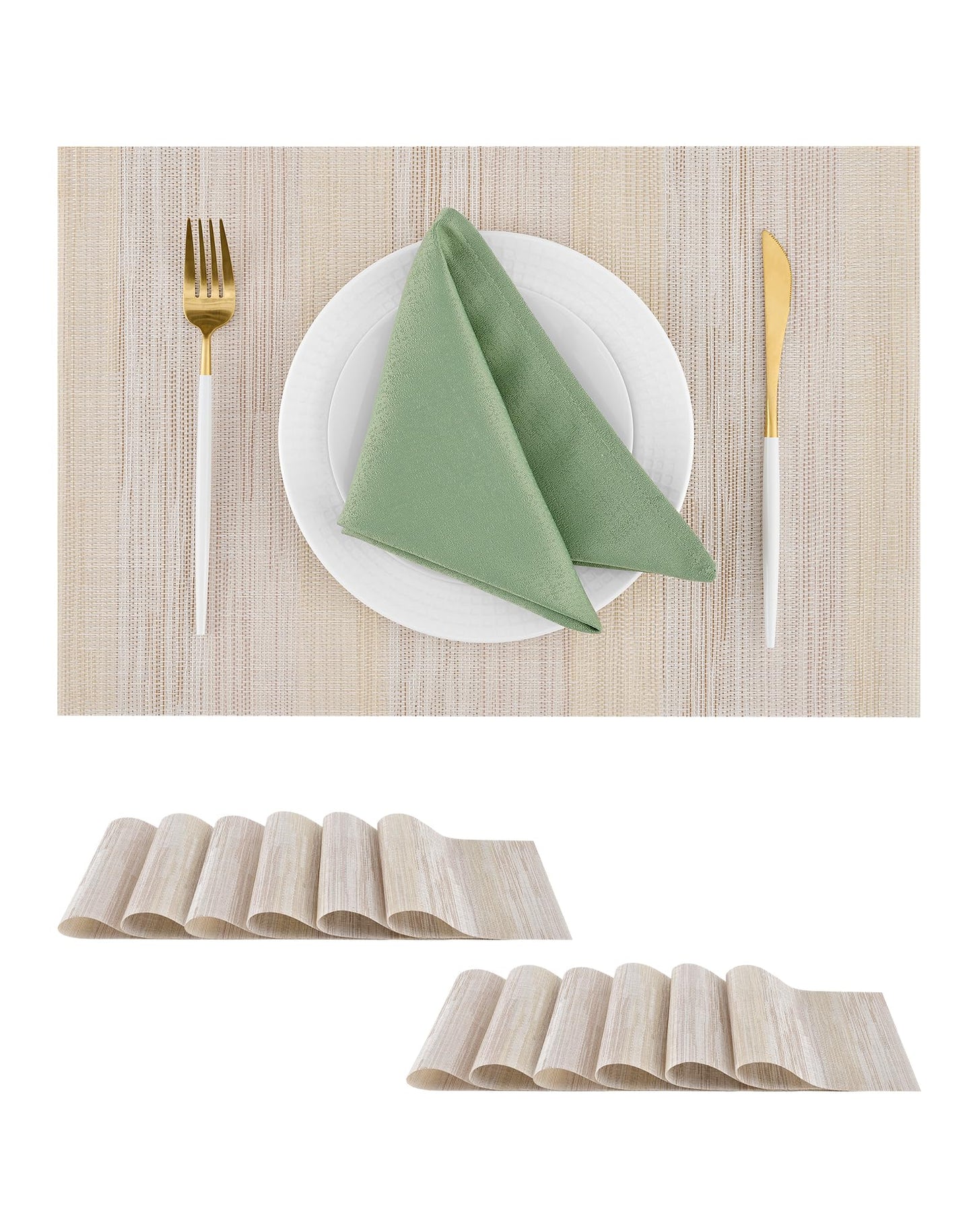 Leetaltree Lightsteel Beige with Yellow Placemats Set of 12 - Heat Resistant Non-Slip Place mats for Dining Table, Washable Durable PVC Vinyl Woven Table Mats (Lightsteel Beige with Yellow, 12)