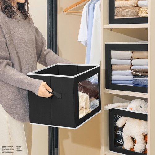 Homsorout Large Storage Bins - Collapsible Fabric Cubes with Lids for Clothes | 15.7 Inch, Black, 6 Pack