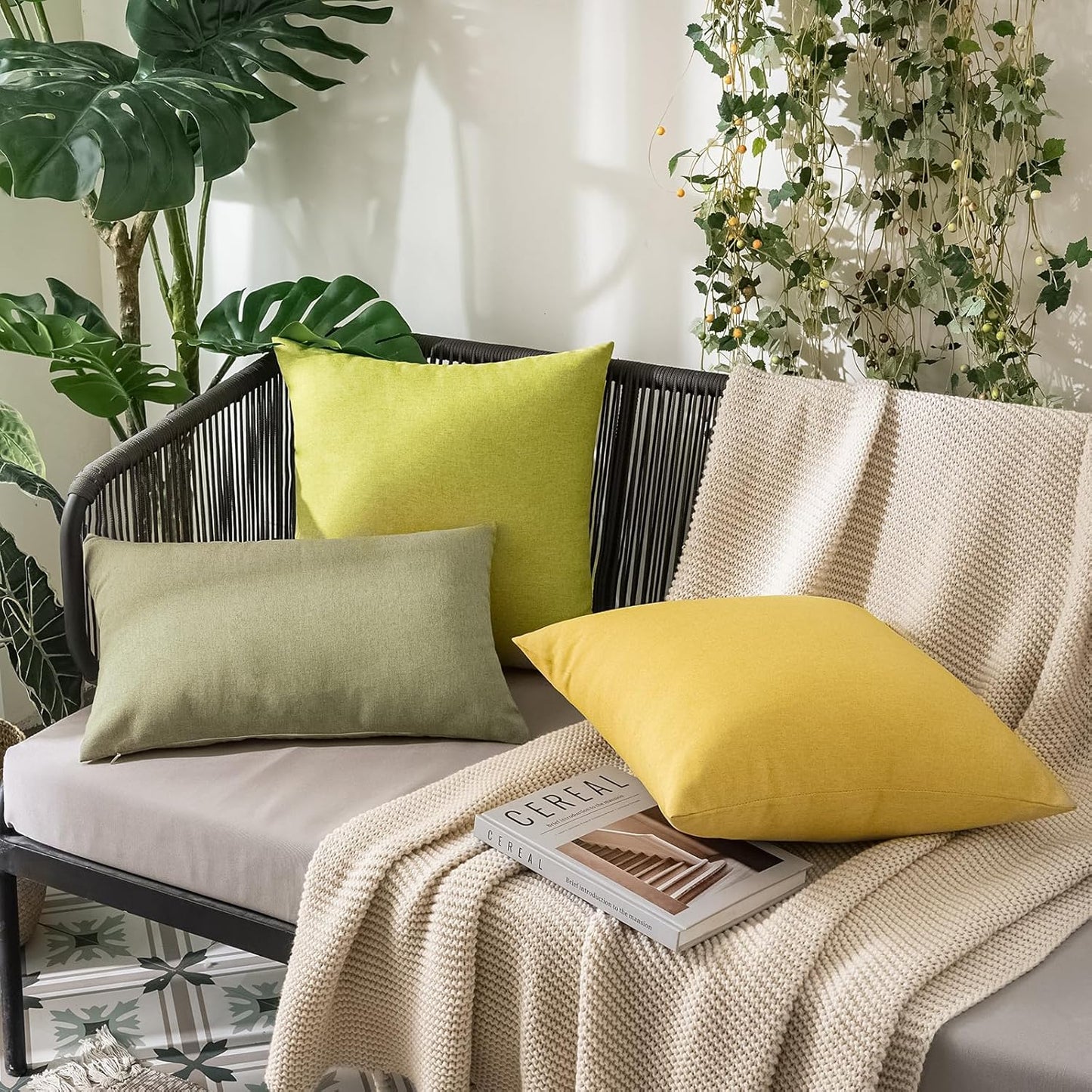 MIULEE Decorative Outdoor Throw Pillow Covers - Waterproof Faux Linen Cushion Cases | 16x16 Inch Light Olive Green (Pack of 2)