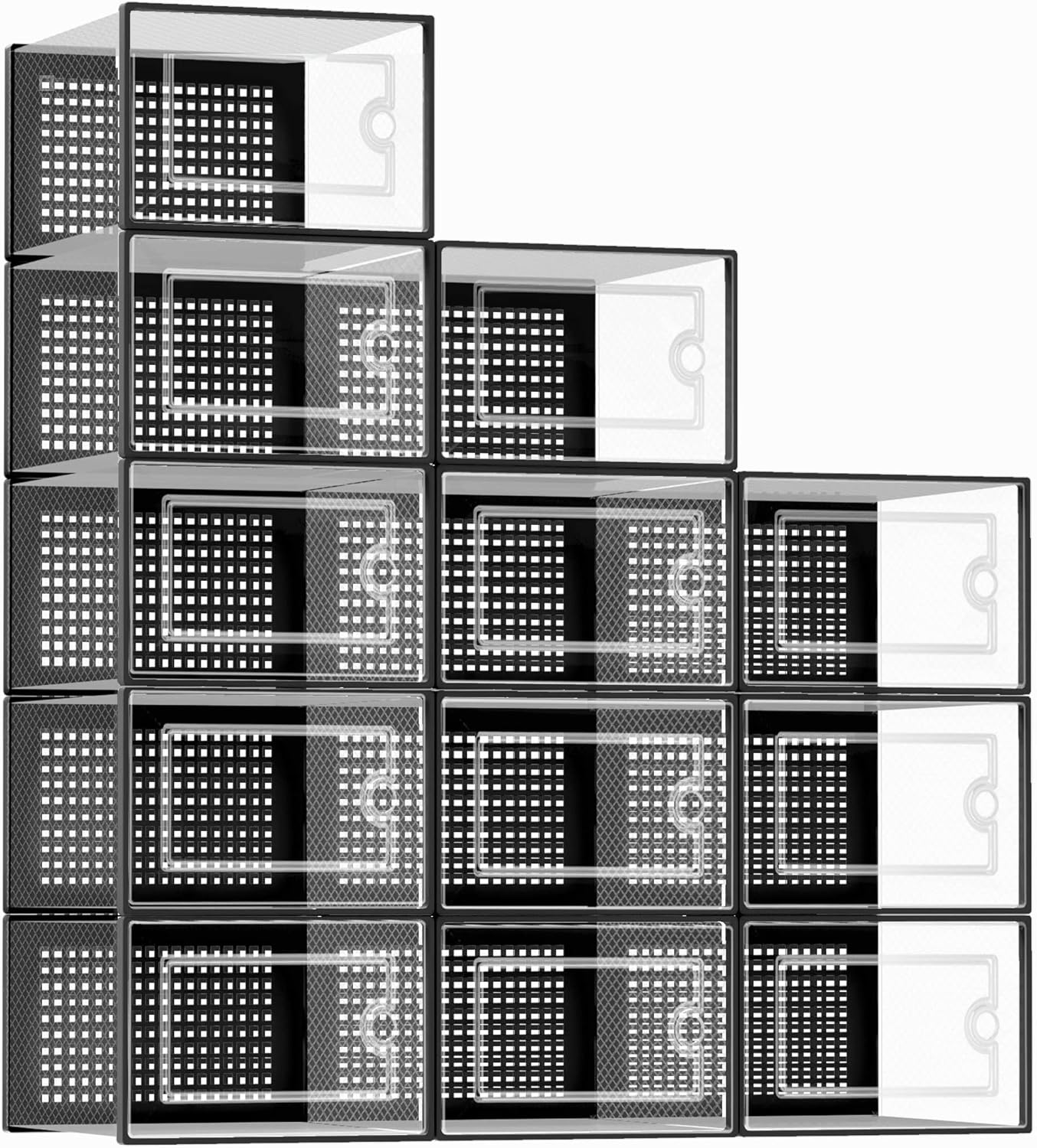 Kuject X-Large Shoe Storage Boxes - Clear Plastic Stackable 12-Pack for Sneakers & Toy Organization | Black