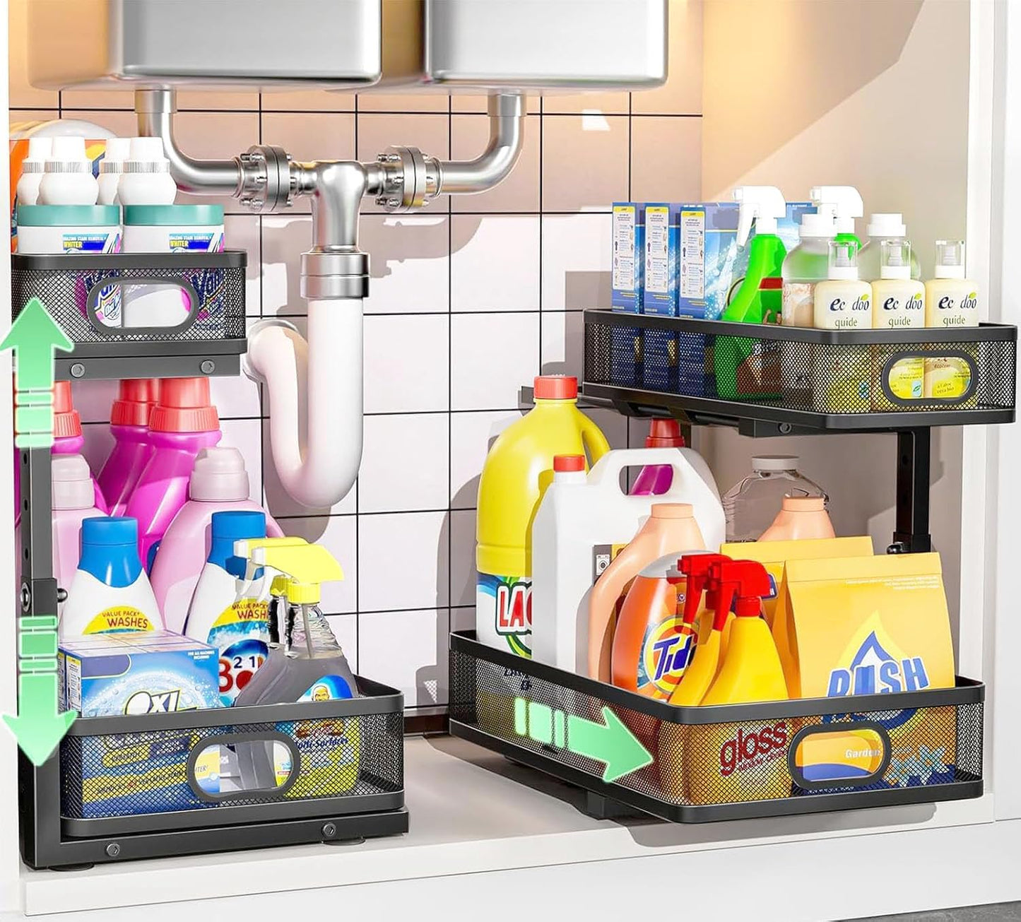 Under Sink Organizer 2-Pack | Adjustable 2-Tier Metal Storage Drawers for Kitchen & Bathroom