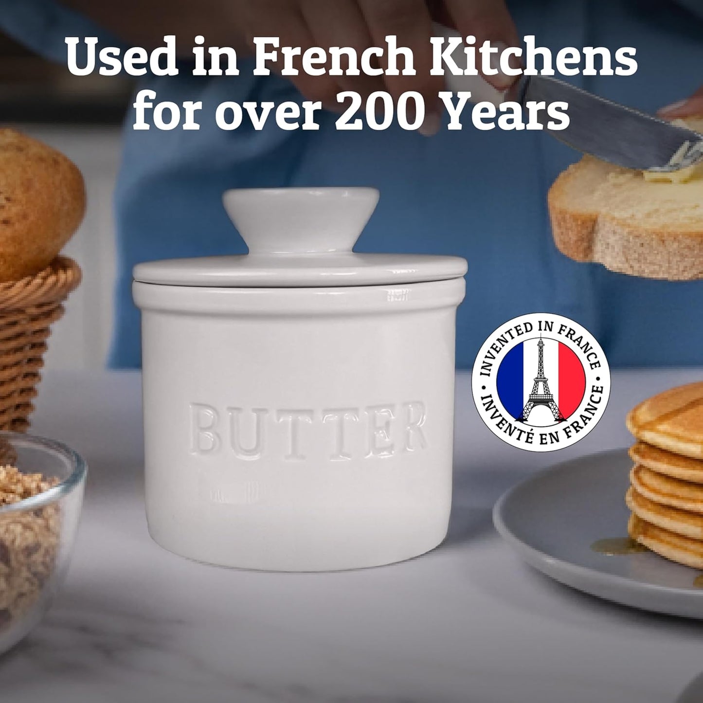 Priority Chef Ceramic Butter Crock with Lid - French Butter Dish with Water Line | White