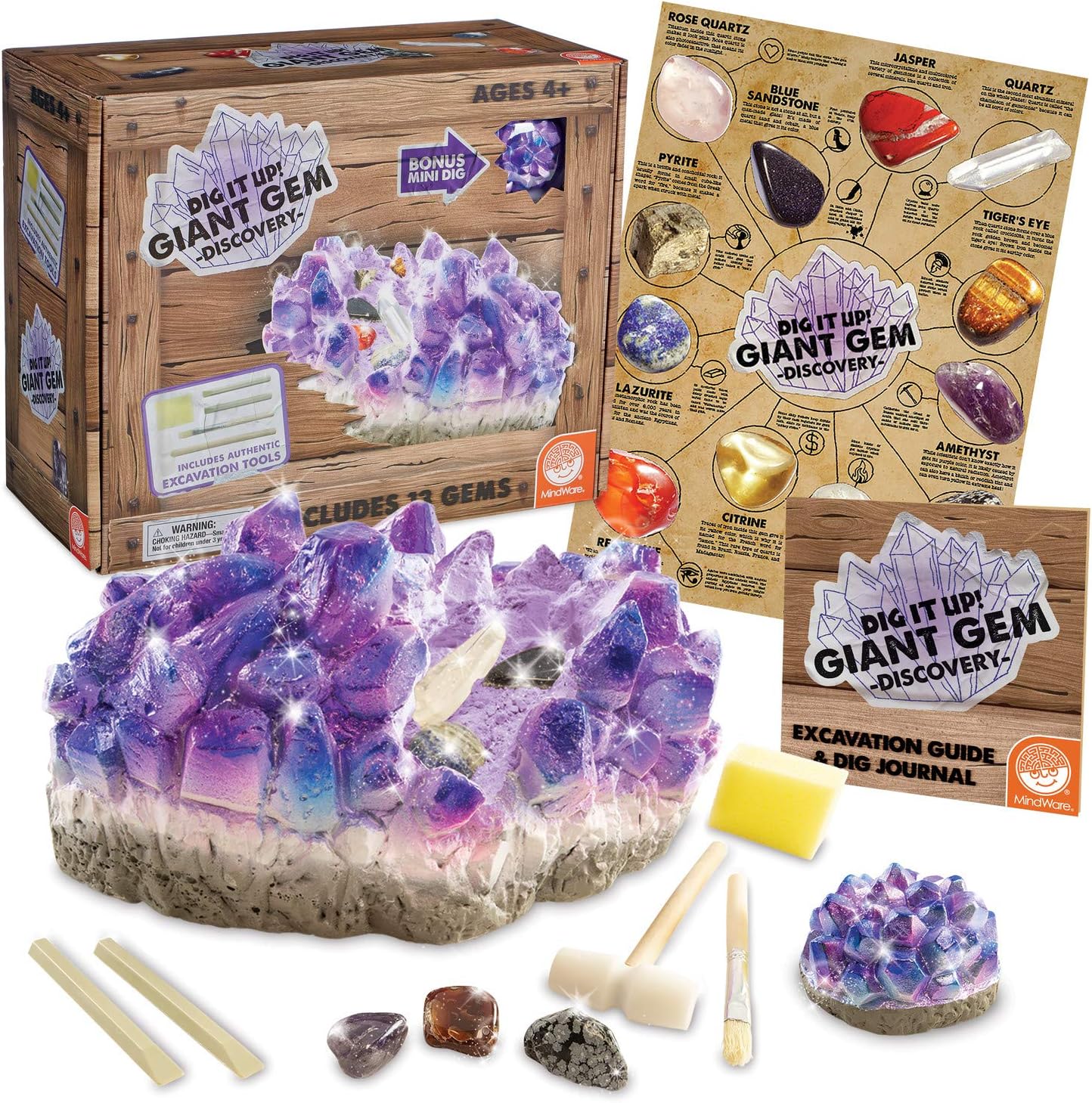 MindWare Dig It Up Giant Gem Discovery Kit - Engaging Geology Experience for Kids | 12 Real Polished Gemstones, Tools & Poster - Ages 4+