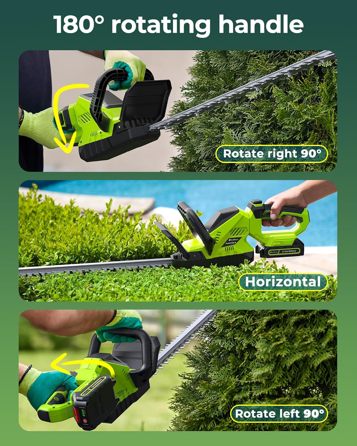 Skiennix 20'' Cordless Hedge Trimmer - 3000RPM Electric Clipper with 2 Rechargeable Batteries & 180° Rotatable Head - Green