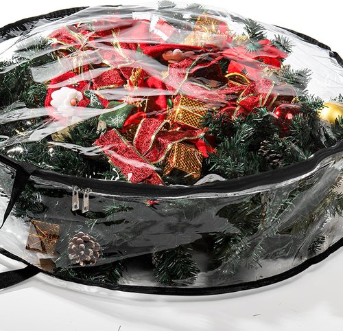 Hedume Wreath Storage Bag - 30" X 8" Clear Container with Dual Zippers & Reinforced Handle for Holiday Decor