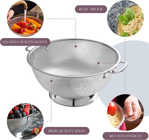 Bellemain Micro-Perforated Stainless Steel Colander - Dishwasher Safe, 3 QT & 5 QT Options