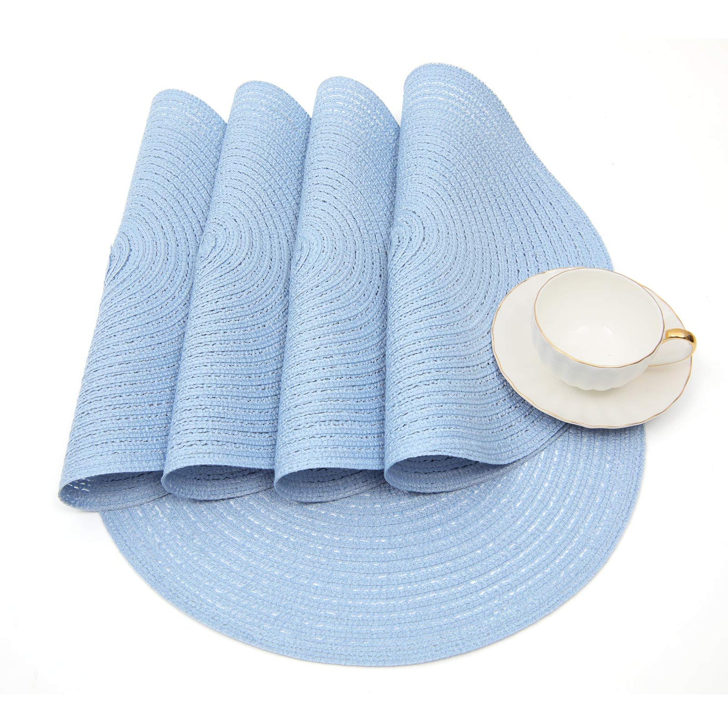 SHACOS Round Braided Placemats Set of 4 Washable 15 inch Round Non Slip Table Place Mats for Dining Tables (Light Blue, 4)