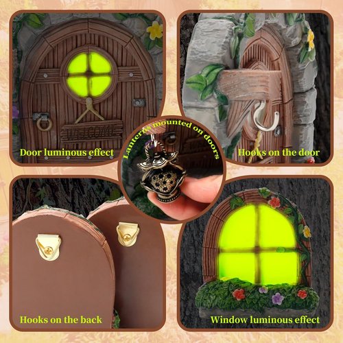 Exasinine Fairy Door Set - 6 Pcs Glow in The Dark Miniature Garden Accessories | Outdoor Decor with Lanterns