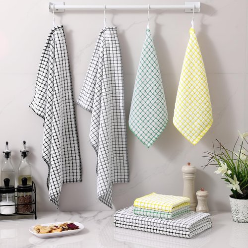 Homaxy Kitchen Towels and Dishcloths Set, 16 x 25 and 12 x 12 Inches, Set of 8 Cotton Terry Kitchen Dish Towels, Super Soft and Absorbent Dish Cloths, Black/Grey/Yellow/Green
