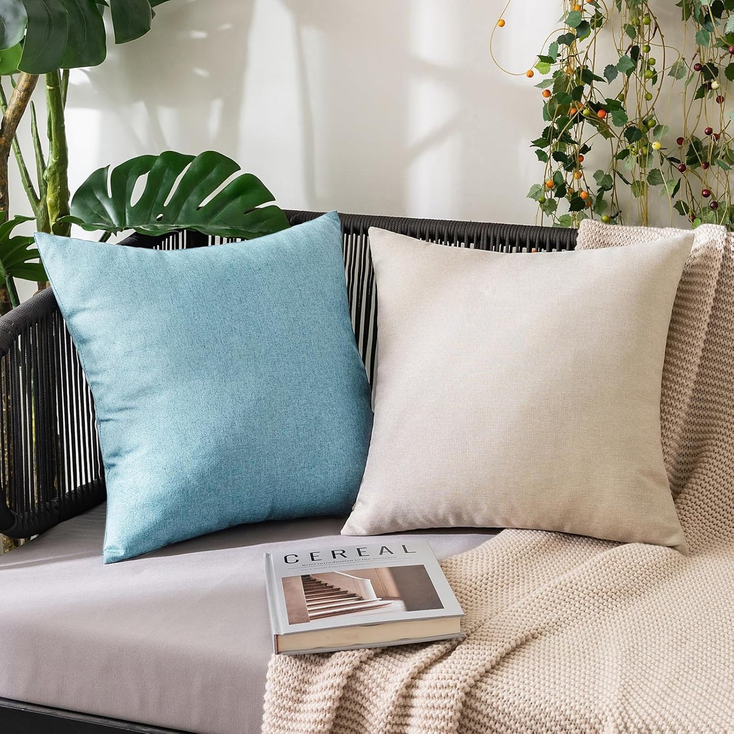 MIULEE Decorative Outdoor Throw Pillow Covers - Waterproof Faux Linen Cushion Cases | 18x18 Inch Blue Gray (Pack of 2)