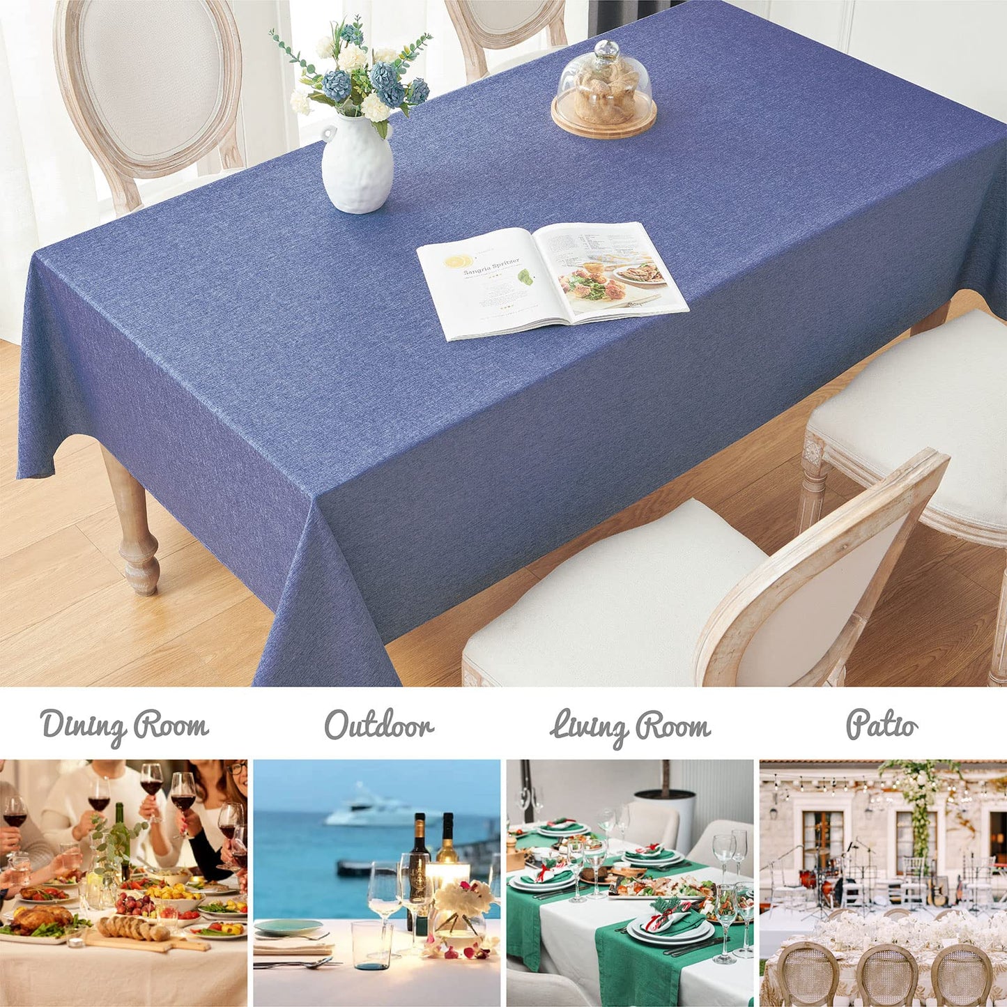 Veblandy Rectangle Tablecloth Linen Textured Waterproof & Stain Resistant Table Cloth Wrinkle Free Decorative Fabric Farmhouse Table Cover for Dining/Party/Buffet/Wedding, 60 x 144 Inch, Demin Blue