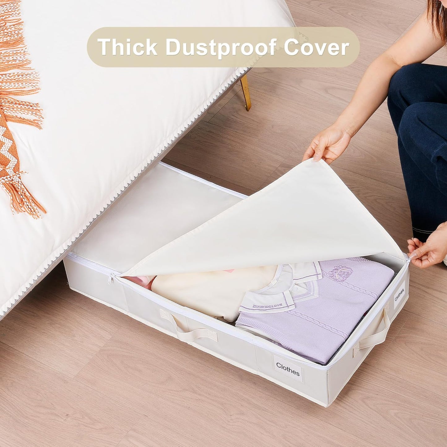 Vincona Under Bed Storage Containers - 2 Pack Rolling Organizers with Label Holders for Clothes & Shoes | Beige (30.71"x15.7"x7.28")