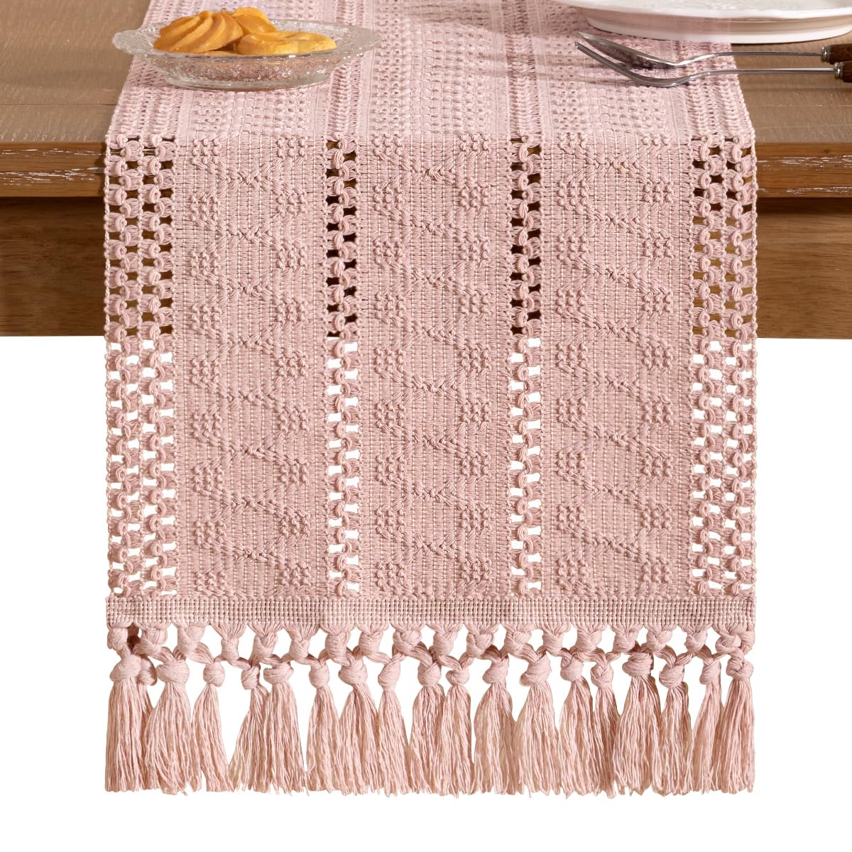 Socomi Boho Table Runner Summer Farmhouse Rustic Dining Kitchen Centerpiece Decor Long Macrame Woven Cotton Linen Coffee Table Runner for Dresser Scarf Home Decor 12x108 in Pink