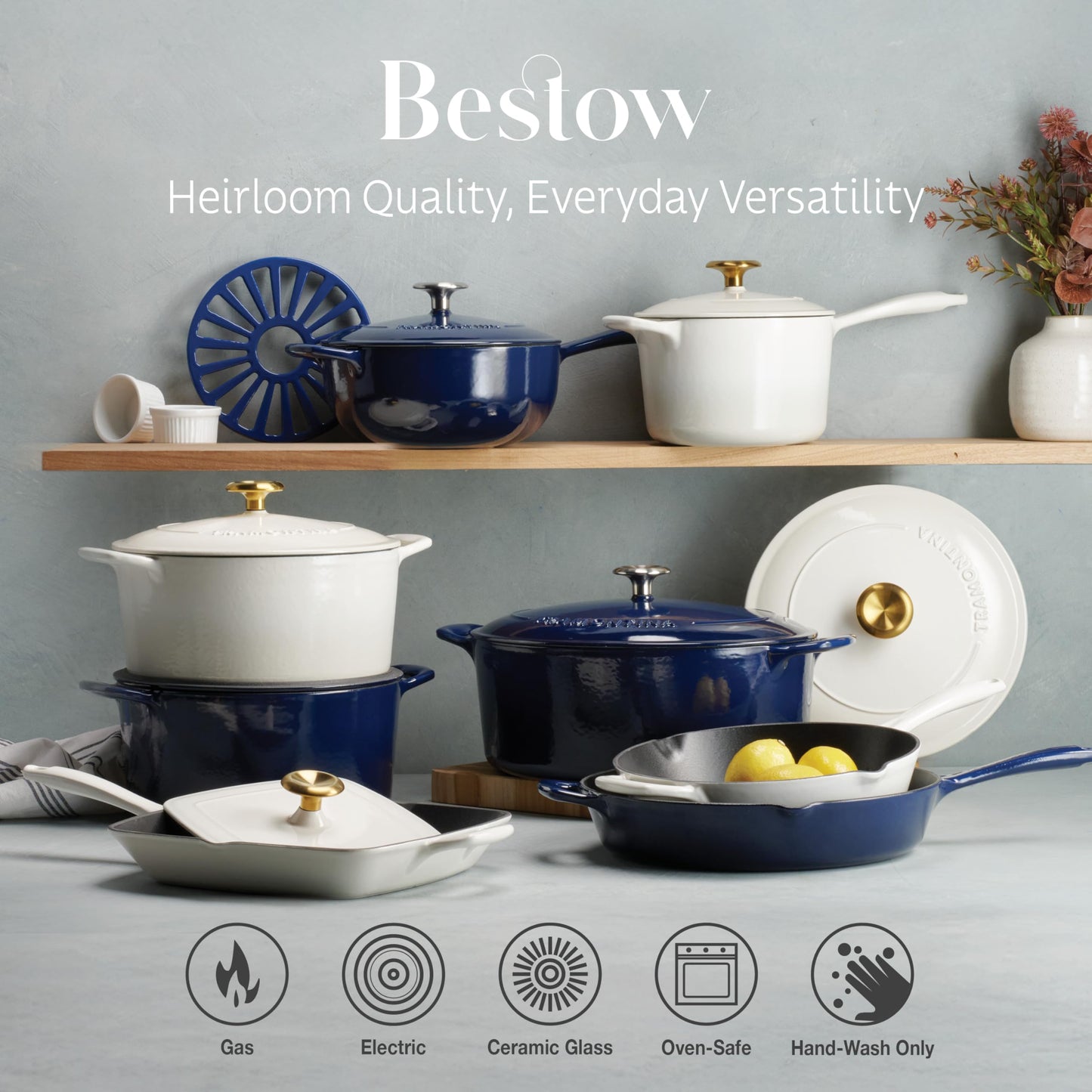 Tramontina Bestow Enameled Cast Iron Dutch Oven Pot with Lid, Round 5.5-quart, Latte with Gold Knob
