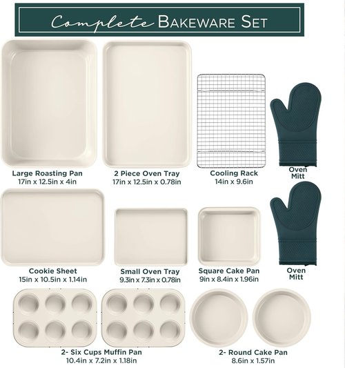Country Kitchen Nonstick Bakeware Set - Deluxe 13-Piece Heavy Duty Baking Set in Sage