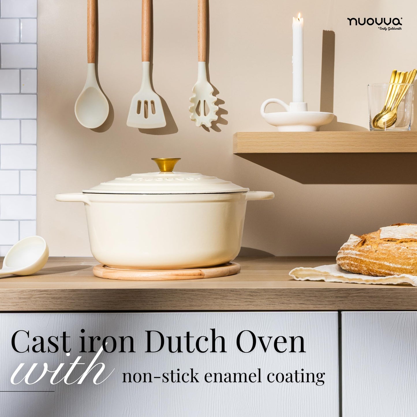 Nuovva Enamelled Cast Iron Dutch Oven Pot with Lid – 6.4 Quart Non Stick Casserole Pot – Heavy Duty & Oven Safe up to 500° F for Bread Baking, Braising, Stews, Roasting – 28cm Cream