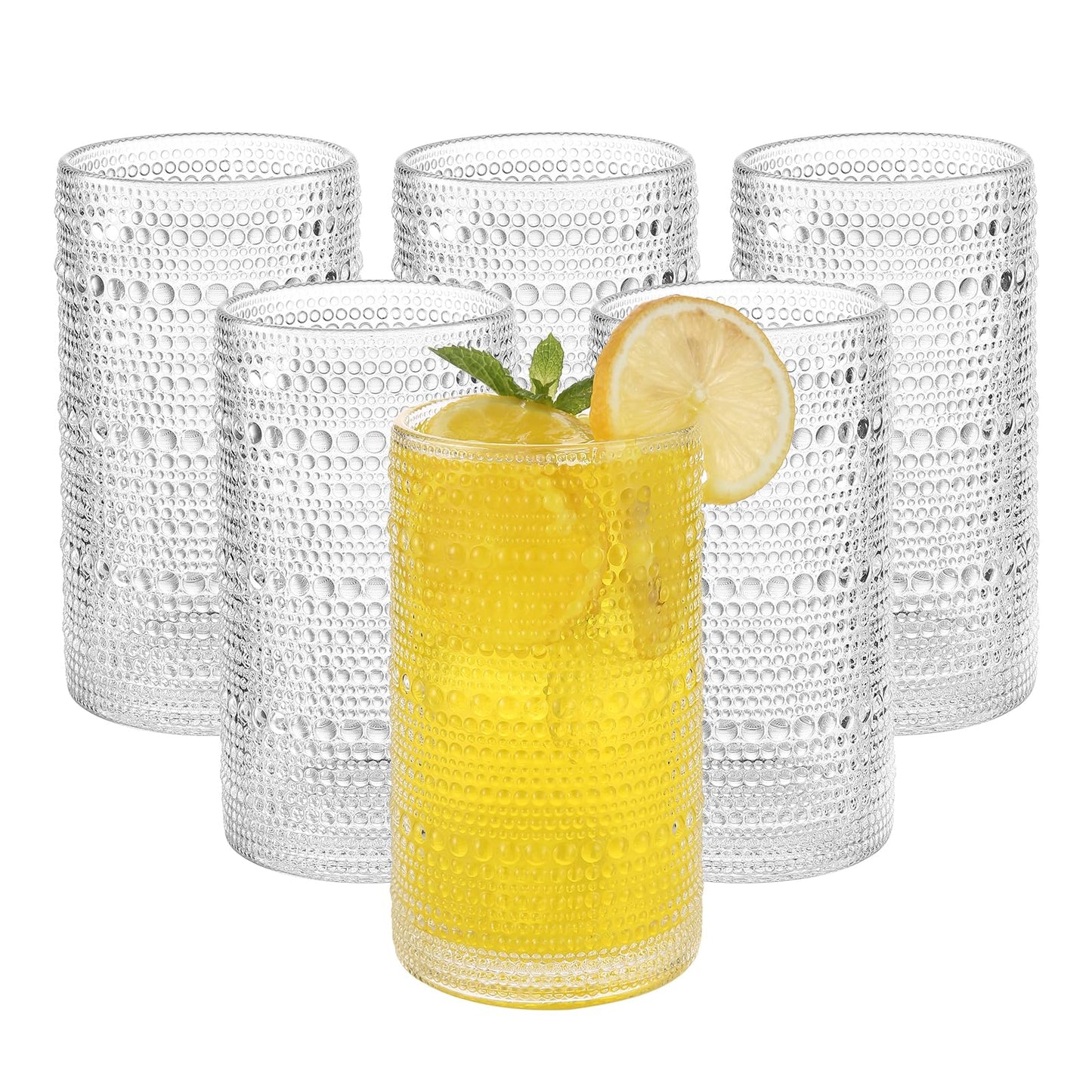 Akutaa Vintage Hobnail Drinking Glasses Set of 6, 16 oz Large Capacity Embossed Clear Tumblers, Highball Glasses for Water, Cocktail, Beer, Whiskey, Kitchen & Bar Use