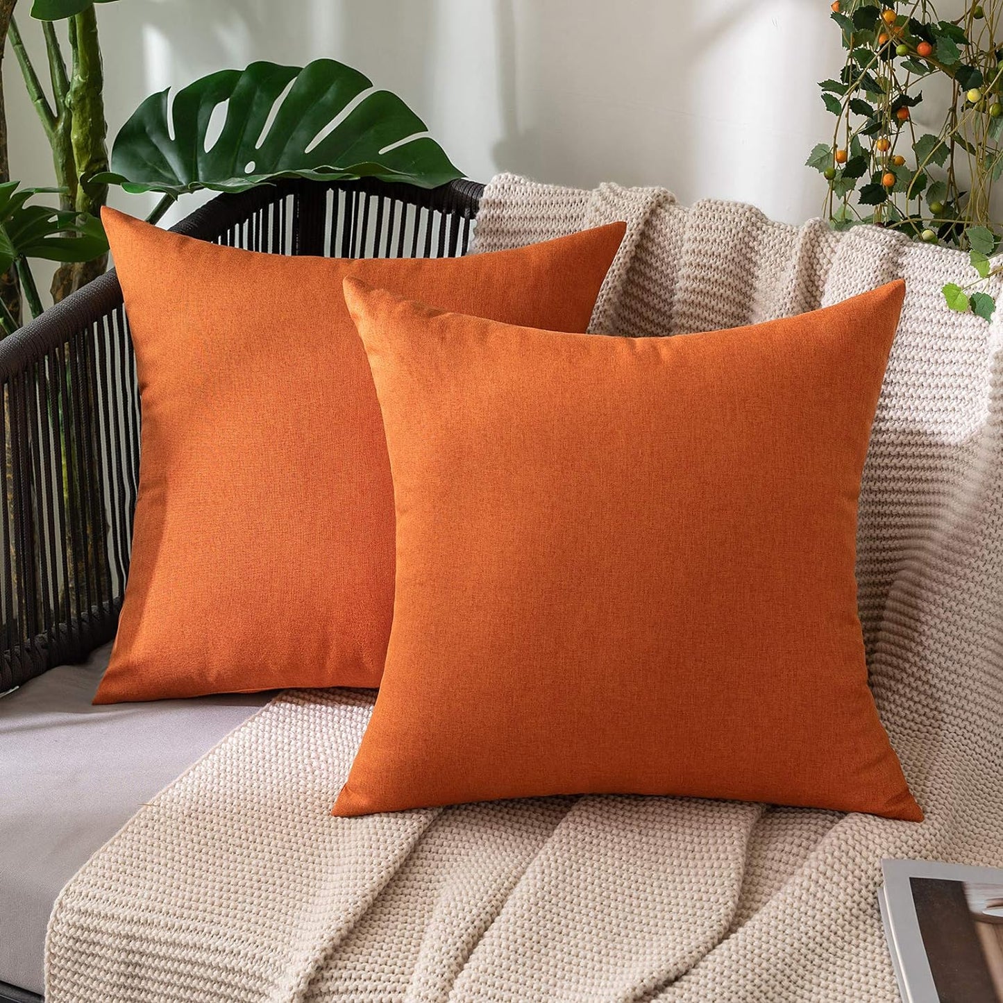 MIULEE Decorative Outdoor Throw Pillow Covers - Waterproof Faux Linen Cushion Cases | 18x18 Inch Orange (Pack of 2)