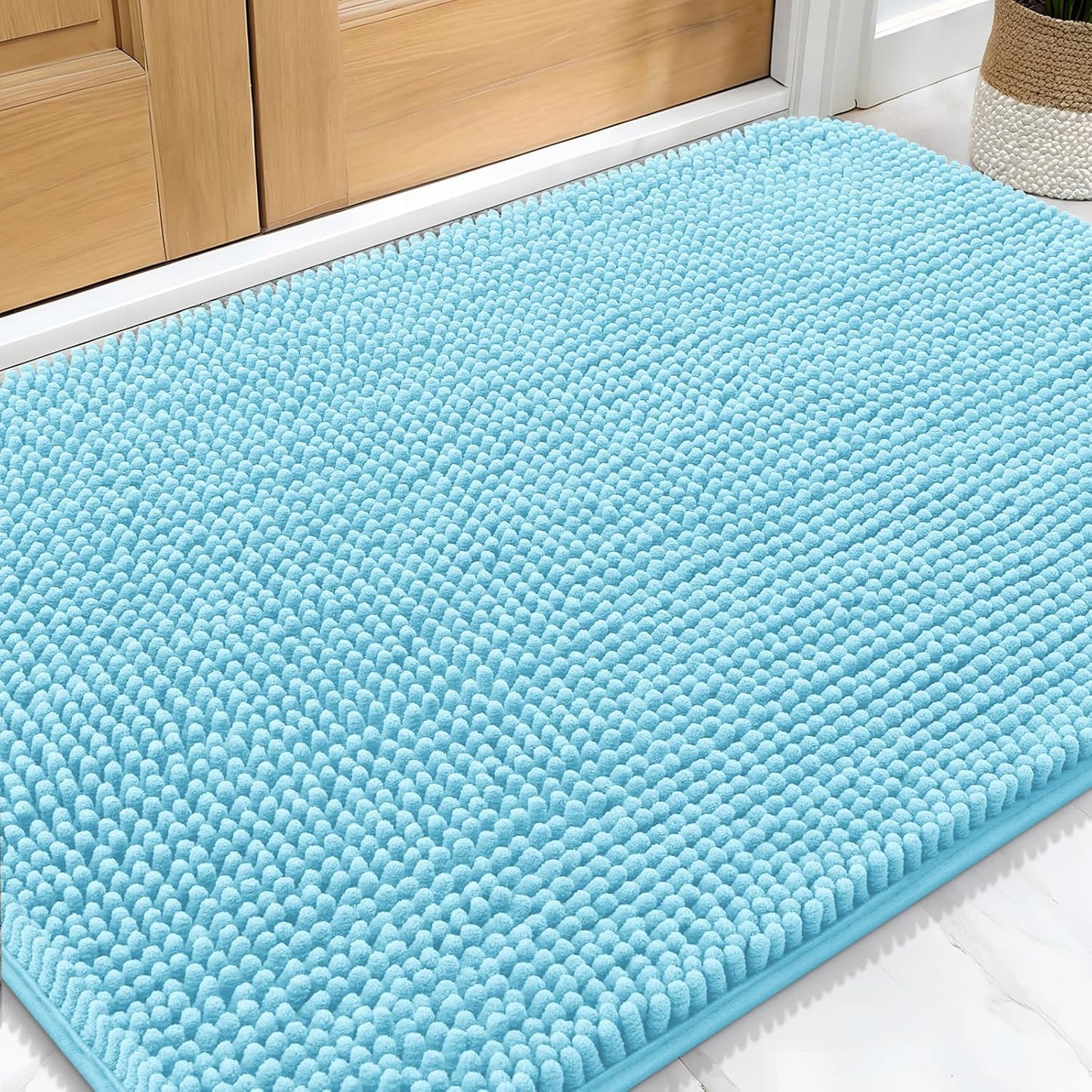 OLANLY Dog Door Mat - Absorbent Non-Slip Washable Doormat for Muddy Paws | 30x20 Blue Chenille Carpet