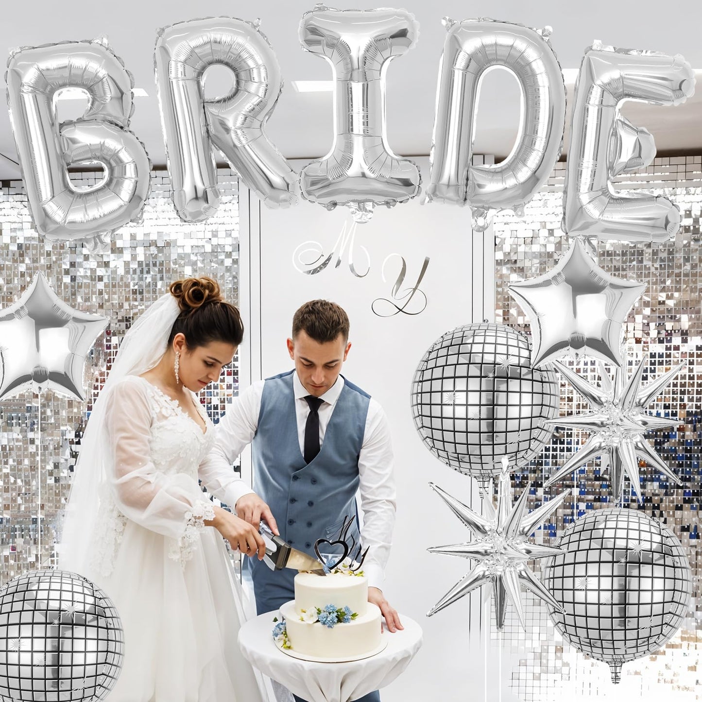 Silver Bride Balloons Bachelorette Party Decorations, 32in Silver Giant Bride Balloons with 4D Disco Ball Balloon and Star Foil Balloon for Bridal Shower Wedding Engagement Party Supplies