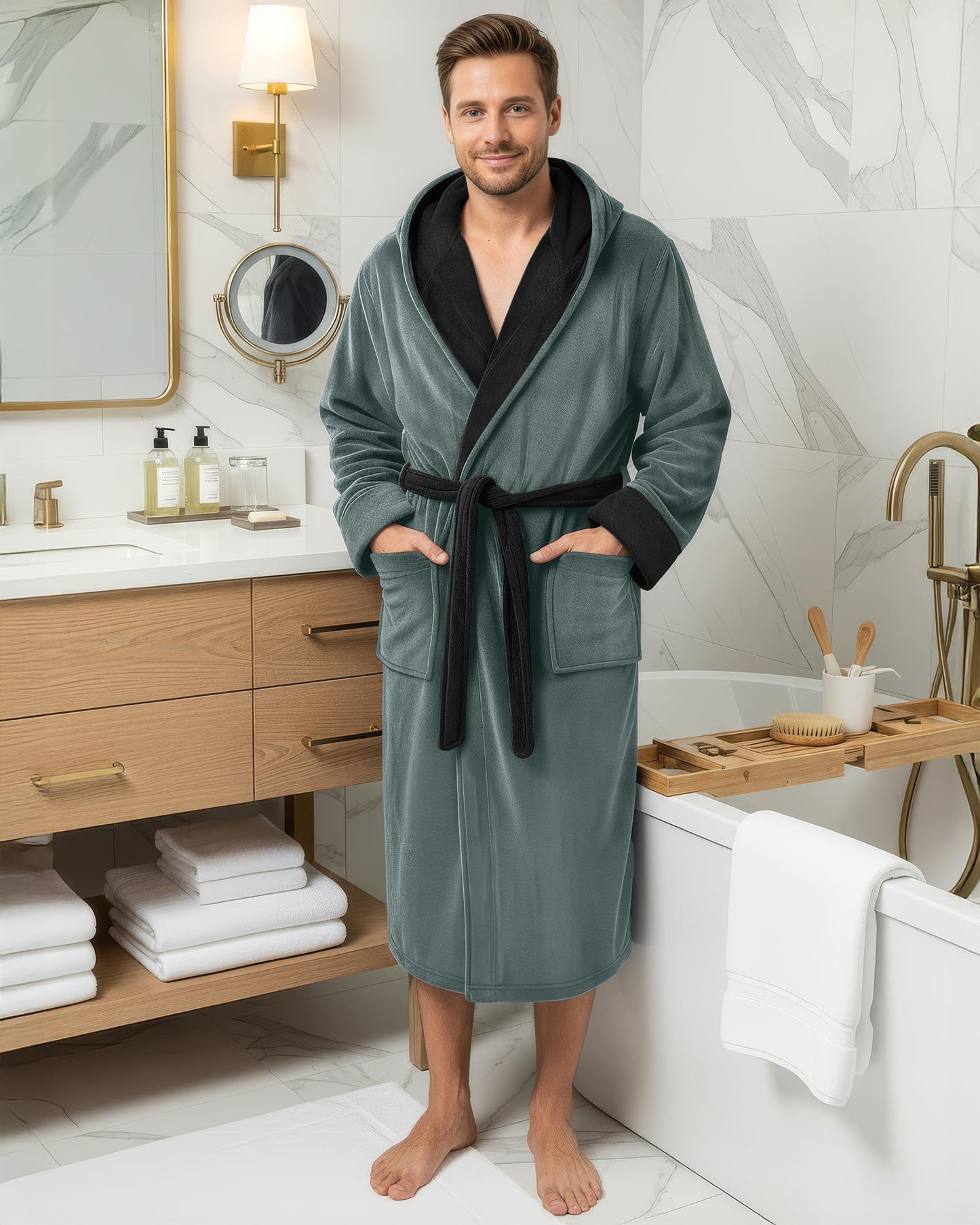 NY Threads Mens Robe with Hood, Luxury Plush Fleece Hooded Mens Bathrobe, Spa Bath Robe for Men, Small/Medium, Steel Grey and Black