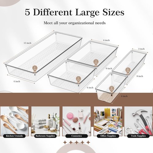 Criusia Clear Drawer Organizer Set - 7 Versatile Plastic Trays for Kitchen & Bathroom Storage