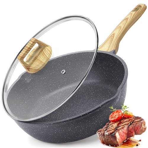 GiPP Nonstick Deep Frying Pan Skillet, 9.5" Saute Pan with Lid, Granite Induction Cookware Non Stick Cooking Pan, PFOA PFOS APEO Free
