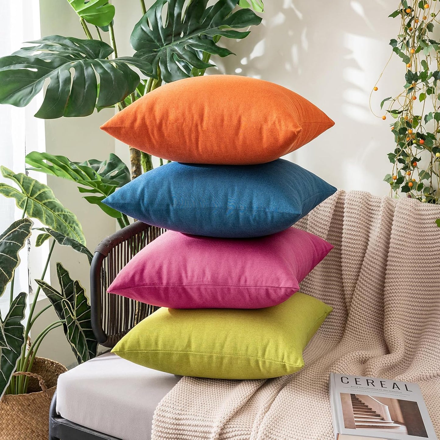 MIULEE Decorative Outdoor Throw Pillow Covers - Waterproof Faux Linen Cushion Cases | 16x16 Inch Hot Pink (Pack of 2)