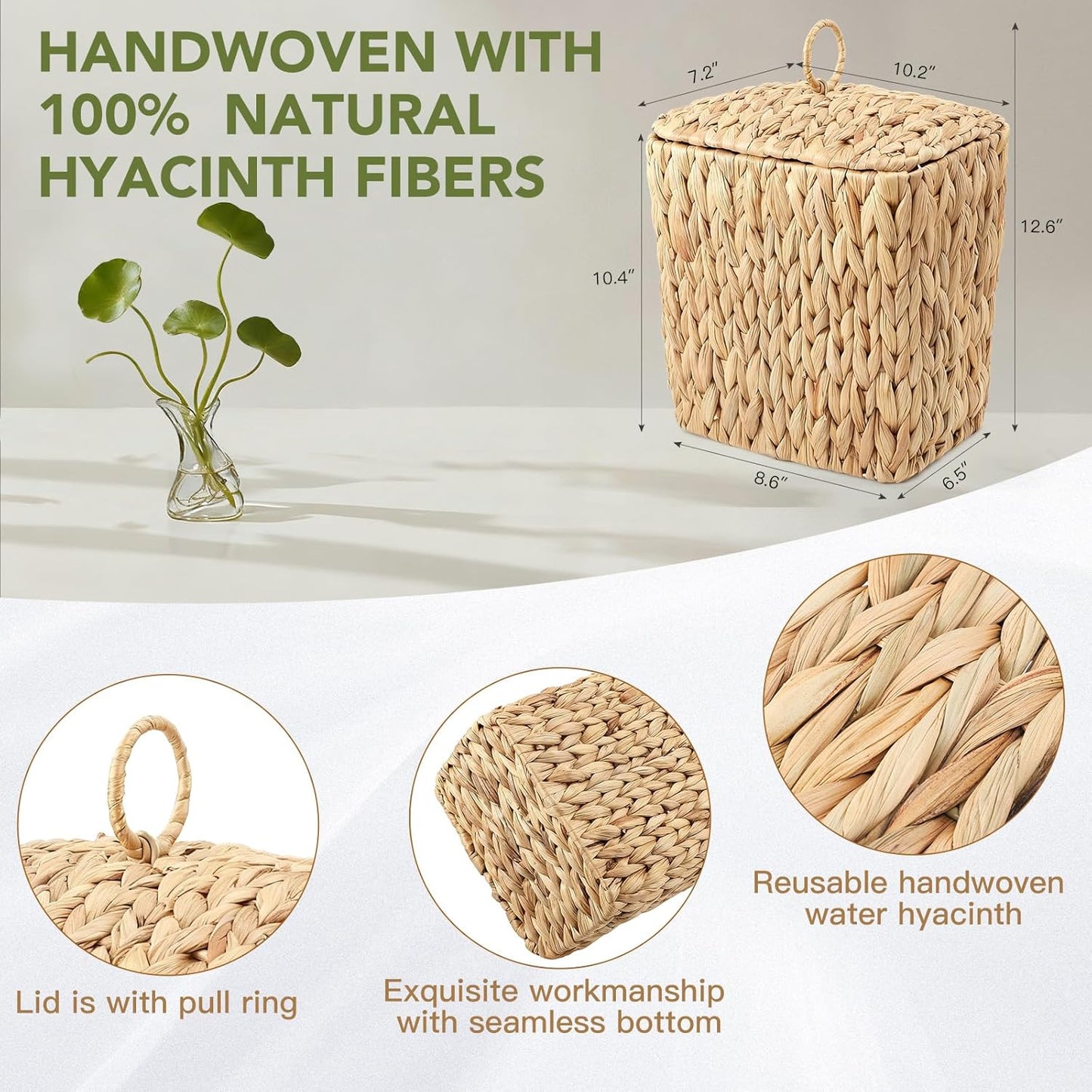 Wicker Waste Basket - Handwoven Water Hyacinth Trash Can with Lid | 2.5 Gal Rustic Decor for Home
