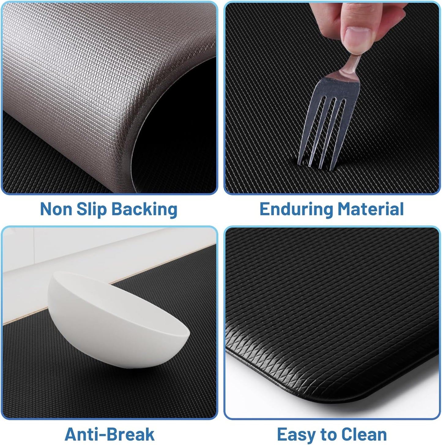 StepLively Kitchen Mat Set - Cushioned Anti-Fatigue Non-Slip Rugs for Kitchen & Office | 17.3"x30" & 17.3"x47" - Black