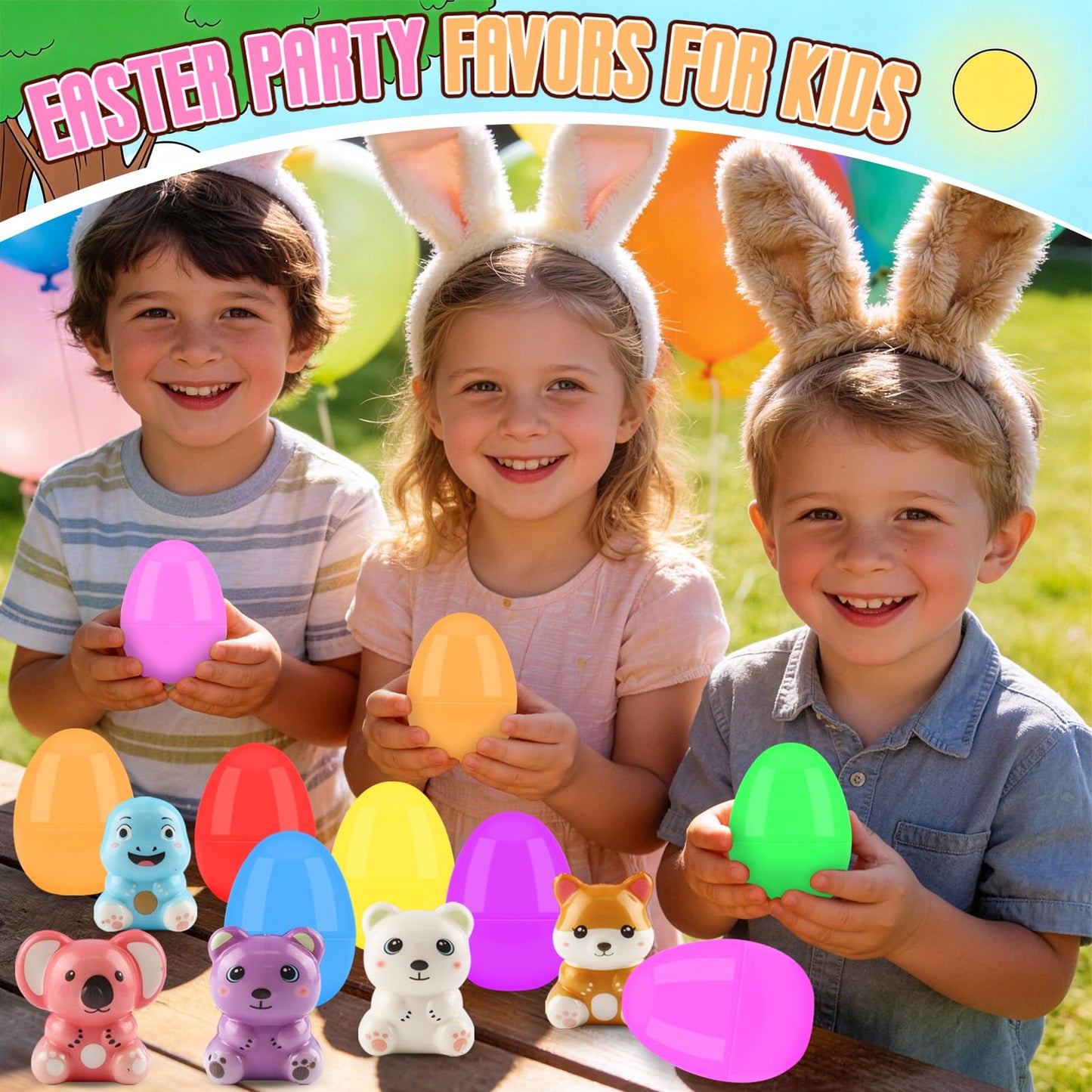 KissFuture 24 Pack Prefilled Easter Eggs with Animal Squishy Toys, Easter Eggs Filled for Egg Hunt, Easter Basket Stuffers, Easter Gifts for Kids, Easter Party Favors Prizes