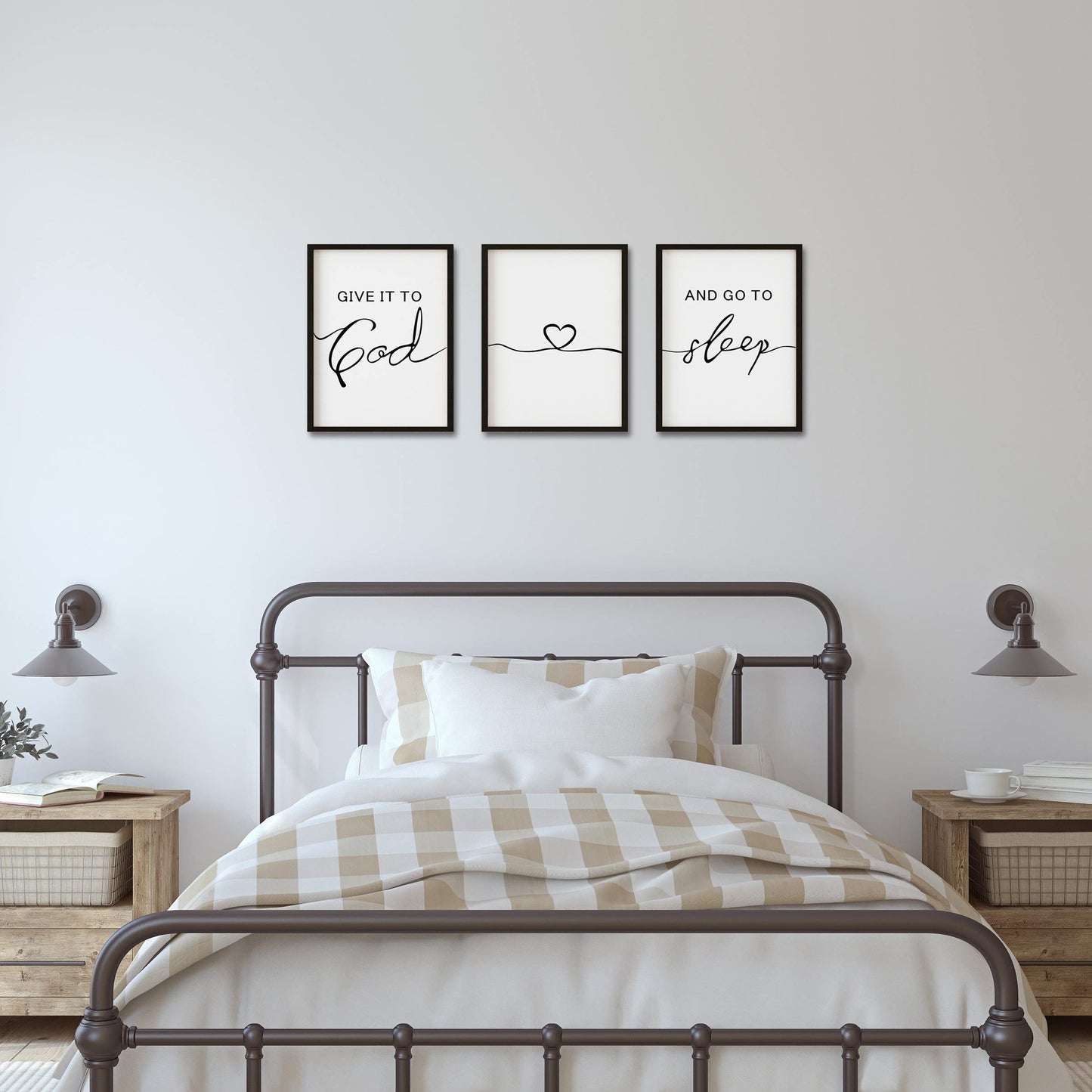 Set of 3 Framed Farmhouse Give it to God and Go to Sleep Signs Above Bed Wall Decors for Bedroom Wood Signs (Black, 16x24 inches)