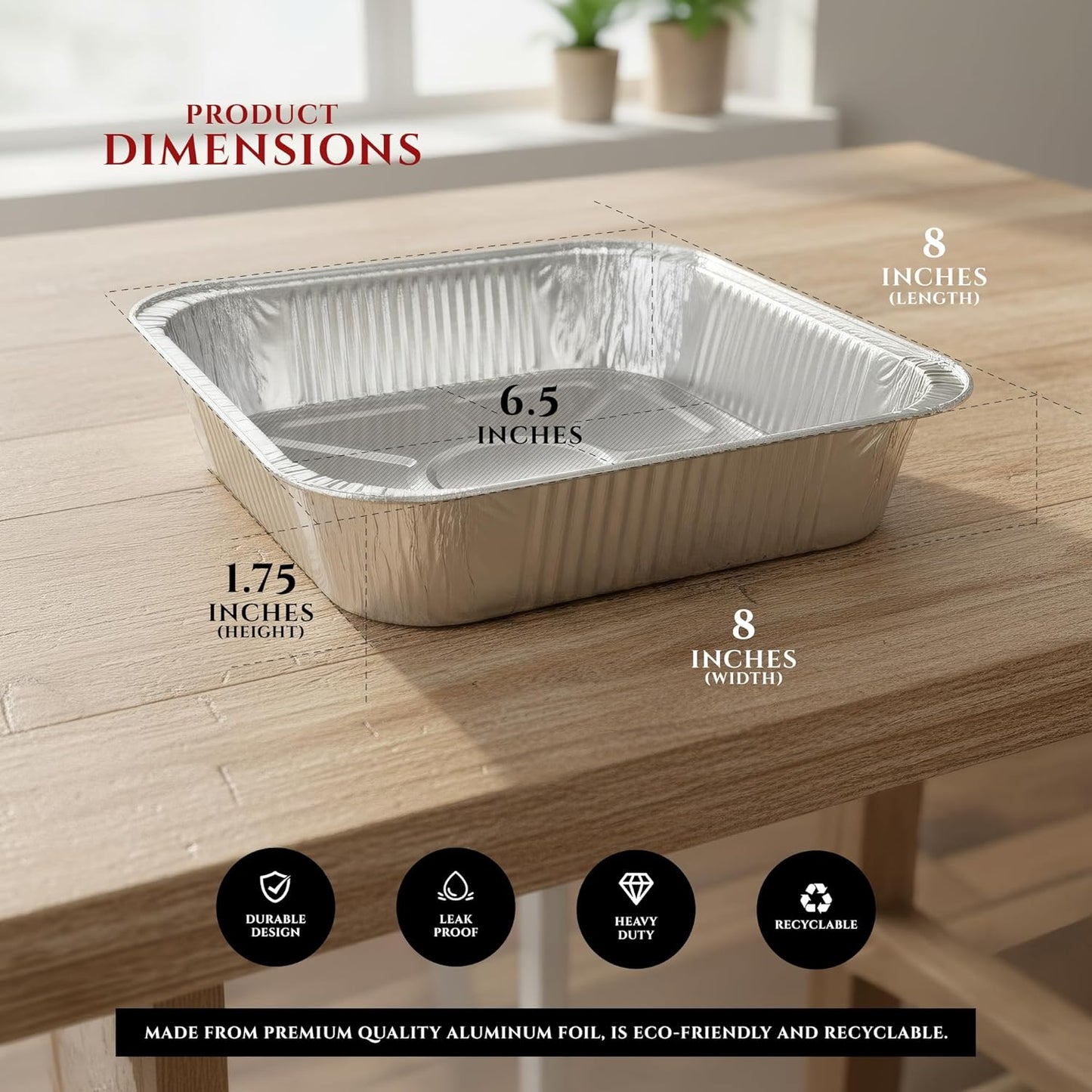 Primo Lines Aluminum Foil Disposable Pans - 40 Pack, 8" x 8", Oven-Safe & Leak-Proof Trays for Catering, Meal Prep & Baking