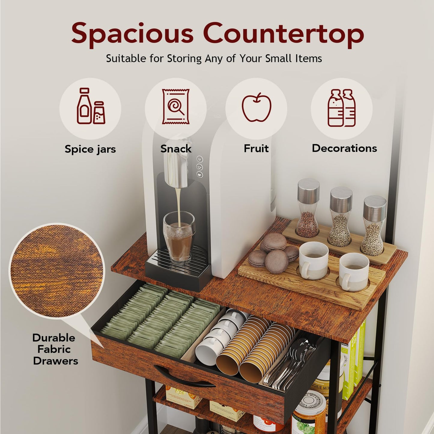 Homsorout Coffee Bar Station - Bakers Rack with Fabric Drawer, Microwave Oven Storage Stand, Bakers Rack for Coffee Stand Station, Home Kitchen Organizer, Black