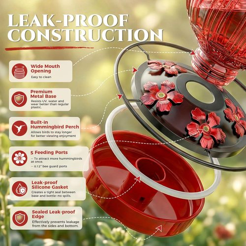 Glass Hummingbird Feeder - 24Oz Outdoor Nectar Feeder with Perch & 5 Flower Ports | Leak-Proof Garden Decor